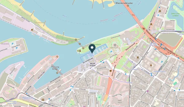 Kartenausschnitt: Der Harbor Club liegt in der Marina Düsseldorf am Handelshafen, nahe Rheinturm und Rheinkniebrücke
